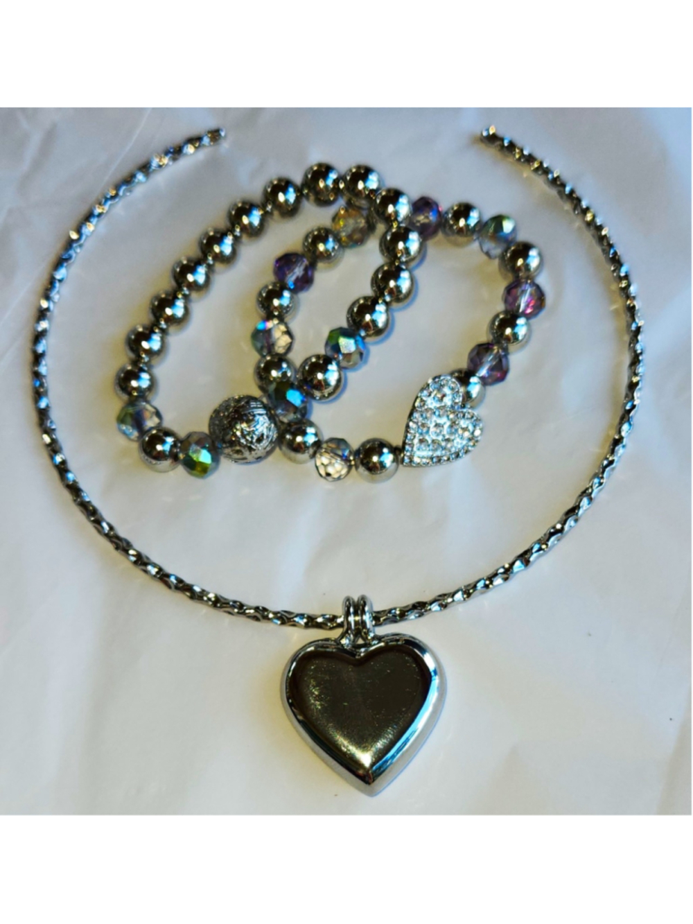 3 Pc. Silver Tone Heart Jewelry Set,Textured Choker Necklace & Beaded Bracelets